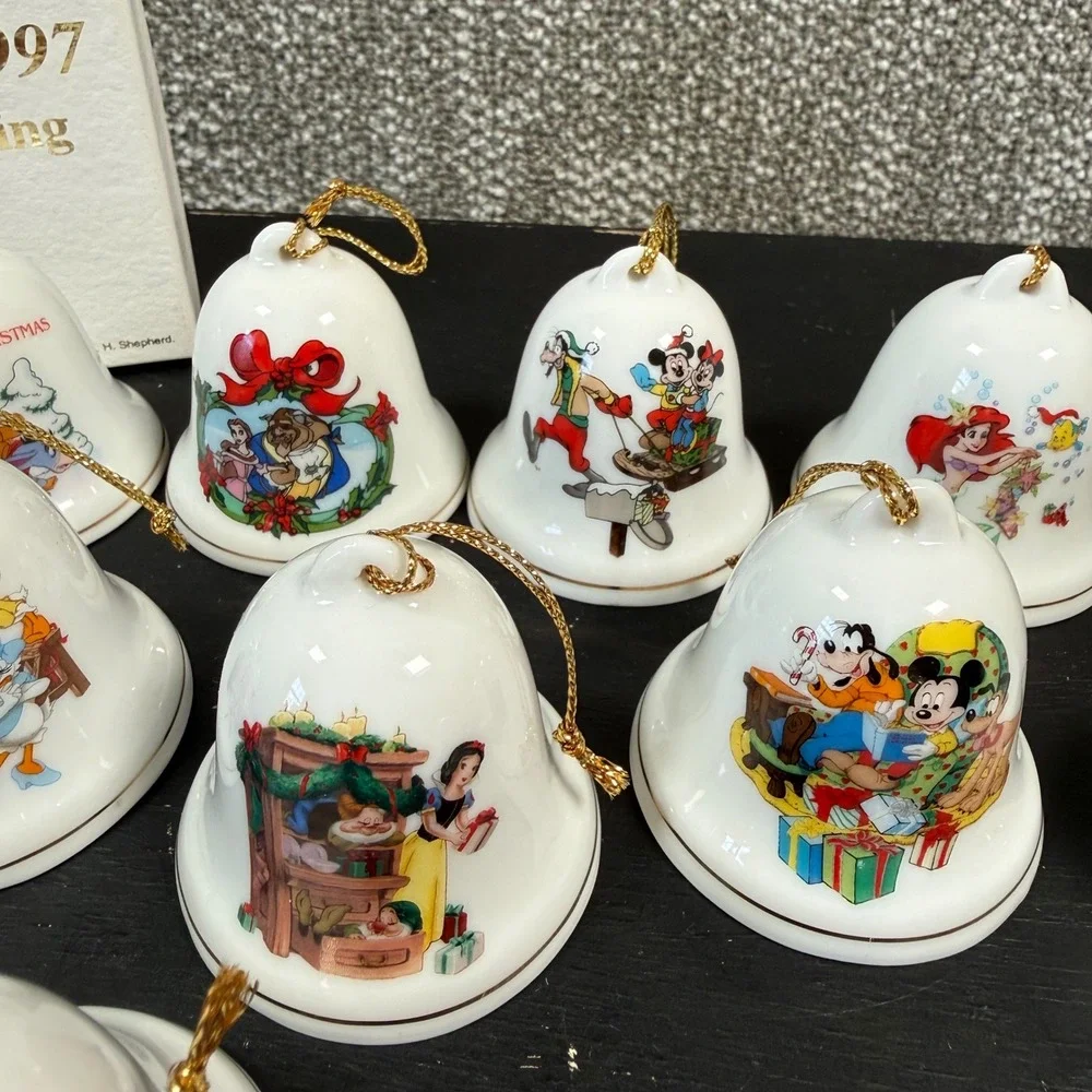 Grolier Disney Christmas 1997‎ Bell Ornaments Set of 12 White Porcelain Vintage